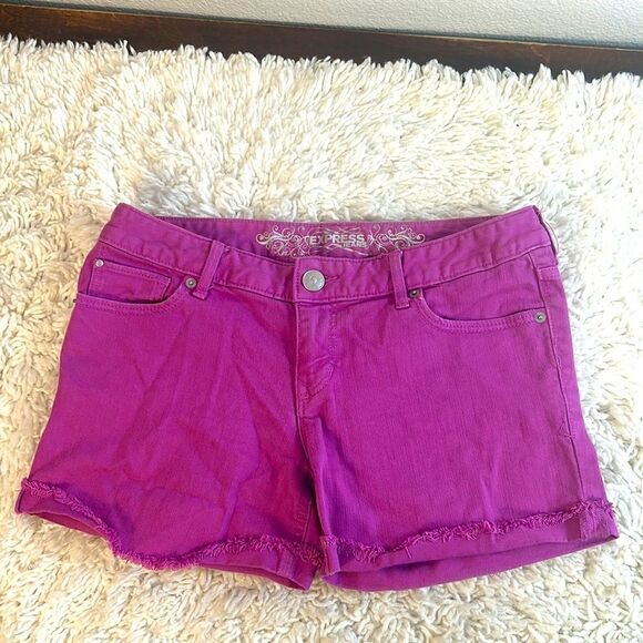 Express Jeans Pants - Express Jeans Cut Off Shorts Raw Hem Mid Rise Zip Fly Buttoned Purple Size 6
